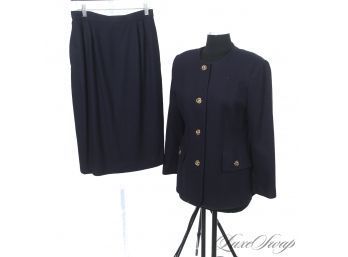 DYNAMIC VINTAGE OLEG CASSINI DEEP NAVY FLANNEL 2 PIECE SKIRT SUIT WITH BIG GOLD KNOT BUTTONS 10