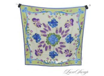 LIMITED EDITION MADE FOR THE NEWPORT RHODE ISLAND FLOWER SHOW HAND ROLLED SILK GREEN PURPLE FLORAL SCARF