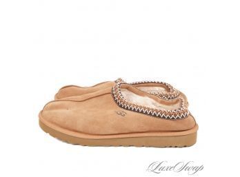 NEAR MINT AND RECENT MENS UGG AUSTRALIA NATURAL SHEEPSKIN SHEARLING TAN EMBROIDERED CUFF SLIDES 13