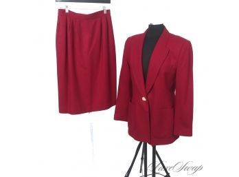 GORGEOUS COLOR VINTAGE OLEG CASSINI MAROON WINE FLANNEL 2 PIECE SKIRT SUIT WITH BIG GOLD BUTTONS 10