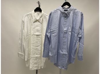 THESE'LL NEVER GO OUT OF STYLE!! MENS LOT OF 2 SOLID WHITE & BLUE DRESS SHIRTS PAUL FREDRICK & LANDS END 18.5