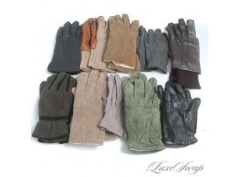 HUGE LOT OF 10 VINTAGE MENS WINTER GLOVES IN LEATHER, SUEDE AND ASSORTED MATERIALS