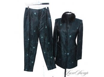 THIS. IS. EXCEPTIONAL. MINT AND PROBABLY UNWORN DANA BUCHMAN TEAL SATIN PEACOCK FLORAL SUIT W/ REAL FUR TRIM 8