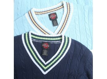 LOT OF 2 BRAND NEW WITH TAGS MENS NICK DANGER CRICKET RUGBY STRIPE TRIM V-NECK CABLEKNIT SWEATERS S