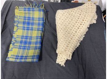 LOT OF 2 SCARVES, ONE WOOL TARTAN MADE IN GERMANY IN CHARTREUSE, THE OTHER A CREAM CROCHET KNIT PIANO SHAWL
