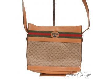 INCREDIBLE AUTHENTIC VINTAGE GUCCI BROWN 'AFRICAN' MONOGRAM AND GREEN/RED RACE STRIPE CROSSBODY BAG