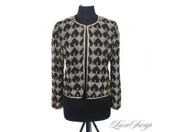 VINTAGE 1980S CAMILLE MARIE BLACK CHIFFON FULL EMBROIDERY GOLD AND WHITE STARS BOLERO JACKET L
