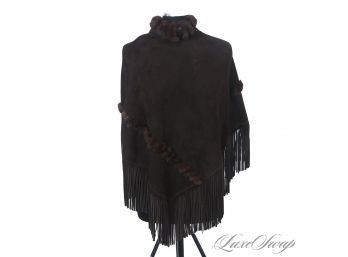 WHEN I SAY GREAT I MEAN IT - THIS IS FANTASTIC! CHOCOLATE BROWN SUEDE SHEARLING CAPE PONCHO W/REAL FUR TRIM!!