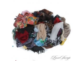 WE TOOK THE WHOLE CLOSET! MASSIVE LOT OF 50 FANTASTIC CONDITION WOMENS SCARVES, VARIOUS MAKERS AND MATERIALS
