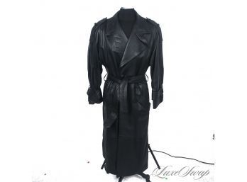 DRAMATIC! VINTAGE 1980S / 90S AVANTI WOMENS BLACK LEATHER FLOOR LENGTH BELTED TRENCH COAT M