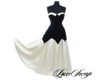 INCREDIBLE Vintage Victor Costa Black Velvet White Ivory Duchess Satin Strapless Gown WOW