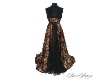 JUST INCREDIBLE! VINTAGE ANONYMOUS BLACK CHIFFON TOP CRYSTAL WAISTBAND CHEETAH PRINT SATIN GOWN 10 WOW!