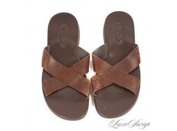 $400 TODS MADE IN ITALY MENS CHOCOLATE BROWN LEATHER CROSSOVER STRAP SUMMER SANDALS 9