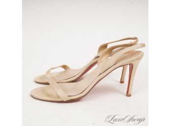 THE STAR OF THE SHOW! AUTHENTIC CHRISTIAN LOUBOUTIN PARIS PERFECT CHAMPAGNE STRAPPY SATIN SANDALS 38.5