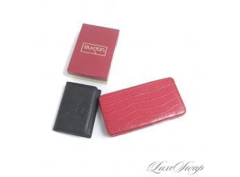 LOT OF TWO BRAND NEW UNUSED SMALL ACCESSORIES, NEW IN BOX BUXTON TRI FOLD WALLET & RED CROCODILE PRINT CLUTCH