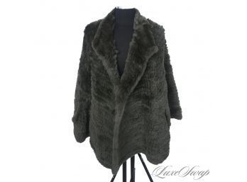 MINT AND MODERN ADRIANE LANDAU PINE GREEN CROCHET KNITTED GENUINE FUR UNSTRUCTURED PONCHO CAPE OSF