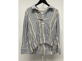 JUST IN TIME FOR SUMMER!! WOMENS LOU & GREY SUMMER SLATE BLUE AND TOAST STRIPED HIGH LOW TUNIC SHIRT SIZE S