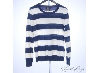 BRAND NEW WITH TAGS $160 LORD & TAYLOR 100 PERCENT CASHMERE WHITE AND ROYAL BLUE BLOCK STRIPE SWEATER L