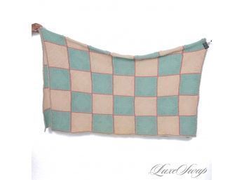 EXPERTLY HAND KNITTED AND NEAR MINT LARGE WOOL BLANKET IN PASTEL PINK AND MINT GREEN BUBBLE KNIT CHECKERBOARD