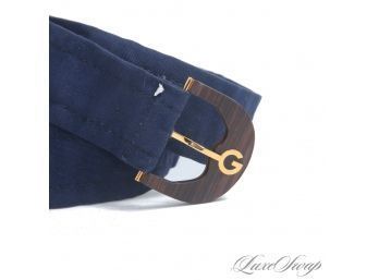 VINTAGE 1970S / 1980S GUCCI NAVY BLUE TWILL FABRIC WOOD AND GOLD G MONOGRAM BUCKLE BELT