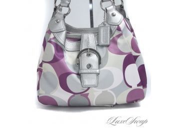 MODERN AND FRESH! COACH PLATINUM SILVER LEATHER TRIM PURPLE AND PEARL ALLOVER CC MONOGRAM HOBO BAG