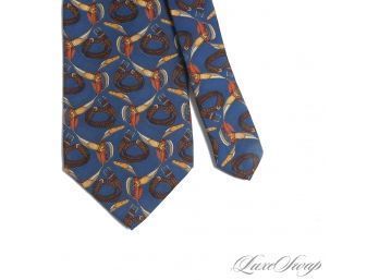 #5 AUTHENTIC BURBERRY AND NEAR MINT MENS SILK TIE IN ROYAL BLUE WITH WHIMSICAL BELT MOTIF