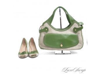 A TWOFER! INCREDIBLE COMPLETE SET OF NEAR MINT TODS MADE IN ITALY WHEAT CANVAS AND GREEN LEATHER SHOES AND BAG