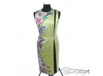 AMAZING : NEAR MINT ETRO MADE IN ITALY 92 PERCENT SILK STRETCH CHARTREUSE SATIN FLORAL SIDE DRESS 44