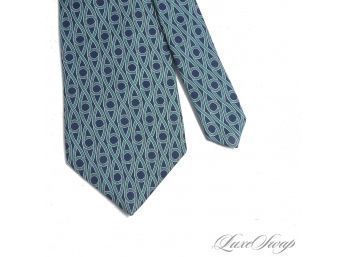#4 AUTHENTIC BURBERRY LONDON MADE IN ENGLAND MENS SILK TIE IN NAVY WITH GREEN INFINITY TENDRILS