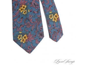 #6 AUTHENTIC FENDI NEAR MINT MENS SILK TIE IN TEAL BLUE BASE WITH PINK FLORAL PAISLEY BROCADE