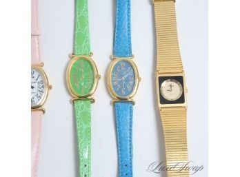 TIME TO GET STARTED! LOT OF 5 VINTAGE AND NEWER LADIES FASHION WRIST WATCHES IN FUN COLORS!