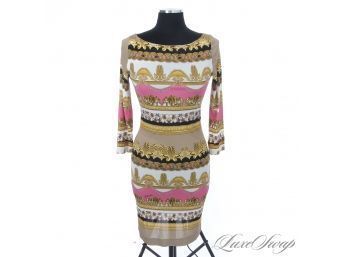 ITS WHAT THEY DO BEST! ROBERTO CAVALLI SLINKY JERSEY STRETCH UNLINED GOLD PINK MULTI BAROQUE PRINT DRESS L