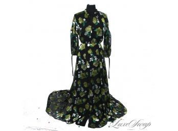 TRULY EXCEPTIONAL : NEAR MINT ALICE & OLIVIA BLACK AND GREEN CHIFFON ROSE FLORAL MAXI DRESS W/HIGH SLIT