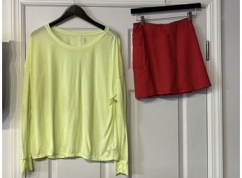 ITS SPORTING TIME!!! WOMENS GAPFIT NEON CITRUS SHIRT AND RED MOISTURE WICKING TENNIS SKIRT SIZE XL & S