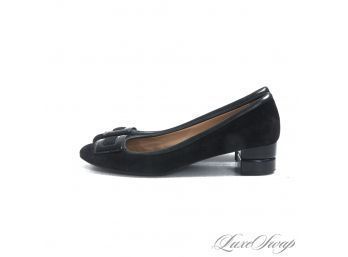 A MASTERCLASS IN ELEGANCE : SALVATORE FERRAGAMO MADE IN ITALY BLACK SUEDE PATENT LEATHER TRIM BUCKLE SHOES 9.5