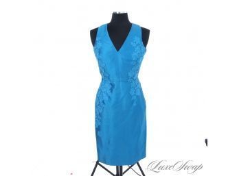WHAT A COLOR! NEAR MINT MONIQUE LHULLIER PEACOCK BLUE LACE OVERLAY SUMMER COCKTAIL DRESS 4