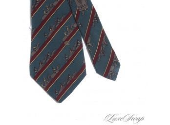 #7 AUTHENTIC VINTAGE GUCCI MADE IN ITALY MENS SILK TIE IN TEAL BLUE BASE W/ REPP STRIPE AND EQUESTRIAN HORSES