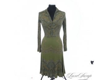 NEAR MINT AND $1500 ETRO MADE IN ITALY SUPER STRETCHY OLIVE GREEN ALLOVER PAISLEY LONG SLEEVE DRESS 38