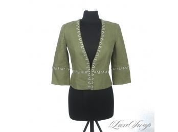 BRAND NEW WITH TAGS TORY BURCH GRASS GREEN LINEN BLEND 'AVERY' CROPPED JACKET W/CRYSTAL EMBROIDERY 0