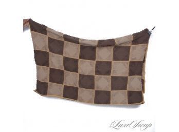 EXPERTLY HAND KNITTED AND NEAR MINT LARGE WOOL BLANKET IN MUSHROOM AND BROWN BUBBLE KNIT CHECKERBOARD