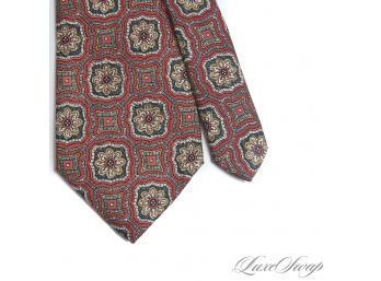 #1 FANTASTIC CONDITION FENDI MADE IN ITALY MENS SILK TIE IN TERRACOTTA WITH BLUE FLORAL MEDALLION MOSAICS