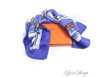 #1 WITH ORIGINAL BOX! AUTHENTIC HERMES MADE IN FRANCE 'CAVALIERS ARABES' UN-PRESSED ROLLED HEM SILK SCARF