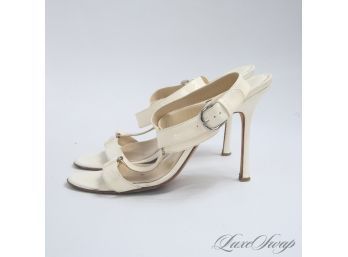 GET THOSE LEGS TAN! JIMMY CHOO MADE IN ITALY CREAM OFF WHITE PATENT LEATHER T-STRAP SANDALS 40.5 / 10.5