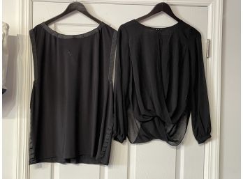 YEAR ROUND AND CHIC!! WOMENS LOT OF 2 BLACK DRAPED BLOUSES- ANONYMOUS AND ARK & CO SIZE XS