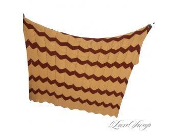 EXPERTLY HAND KNITTED AND NEAR MINT LARGE WOOL BLANKET IN OCHRE AND BROWN CHEVRON