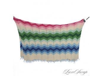 EXPERTLY HAND KNITTED AND NEAR MINT LARGE WOOL BLANKET IN RAINBOW AND CREAM CHEVRON STRIPE