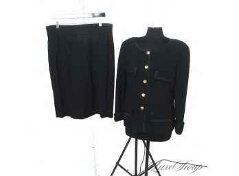 THE STAR OF THE SHOW! VINTAGE 1990S AUTHENTIC CHANEL MADE IN FRANCE BLACK 2 PIECE SKIRT SUIT W/GOLD BUTTONS 46