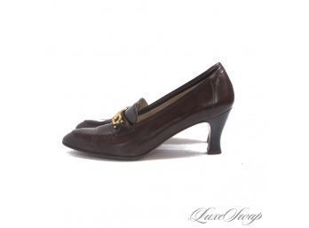 SO SOFT AND NEAR MINT SALVATORE FERRAGAMO MADE IN ITALY BROWN NAPPA LEATHER GOLD GANCINI PUMPS SHOES 9