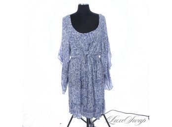 BOHO LUXE TO THE MAX! JESSICA TAYLOR WHITE AND VINTAGE BLUE PUCKERED BATIK PAISLEY BELTED WAIST PEASANT DRESS