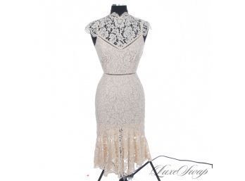 NEAR MINT AND GORGEOUS SAYLOR CHAMPAGNE GLITTER METALLIC INFUSED LACE TIERED DROP WAIST DRESS XS